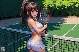 A woman holding a tennis racket on a tennis court.