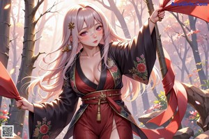 A woman in a kimono is posing in the woods.