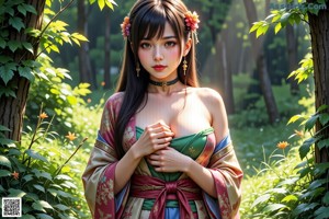 A woman in a red kimono with a flower in her hair.