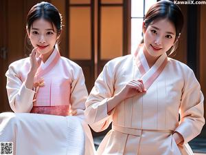 A woman in a green and yellow hanbok is posing for a picture.