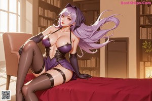 A woman with purple hair and a crown on her head.