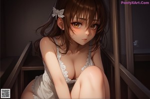 Anime girl with long brown hair and a flower in her hair.