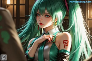 A woman with long blue hair holding a sword.
