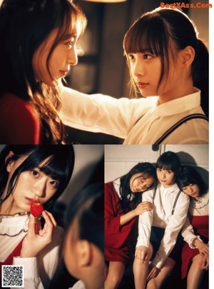 A collage of photos of a girl in a school uniform eating a strawberry.