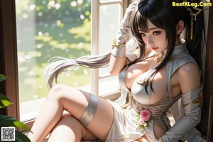A woman in a bikini standing in a field of flowers.