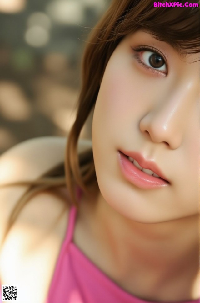 A close up of a woman in a pink tank top.