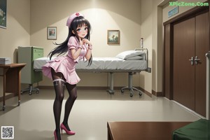 A woman in a white nurse outfit sitting on a bed.