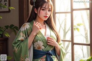 A naked woman in a green kimono standing in the woods.