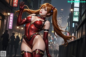 A woman in a red latex outfit standing in front of a city.