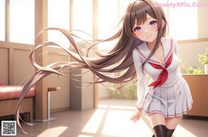 A girl in a school uniform flying through the air.