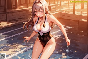 A woman in a bikini standing in a pool.