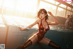 A woman in a white bathing suit sitting in a pool.