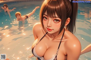 A woman in a black bathing suit sitting in a pool.