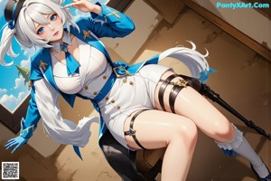 Anime girl with long white hair wearing a blue and white outfit.