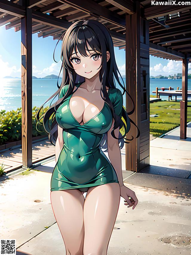 Hentai - 华彩繁花 Set 1 20230602 Part 15 No.53e9ef A woman in a green bathing suit standing on a beach.