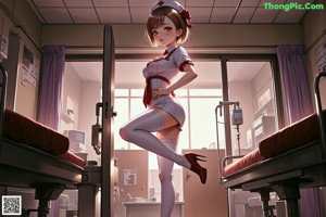 A woman in a nurse outfit sitting on a stool in a room.