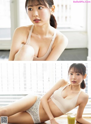 A woman in a white lingerie sitting on the floor.