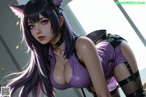 A woman with long purple hair wearing a purple outfit.