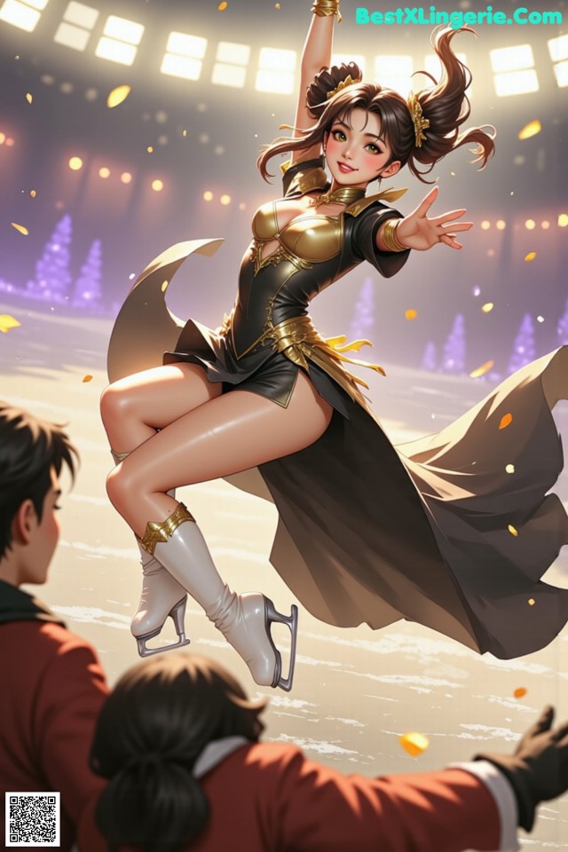 A woman in a black and gold outfit is dancing with a man.