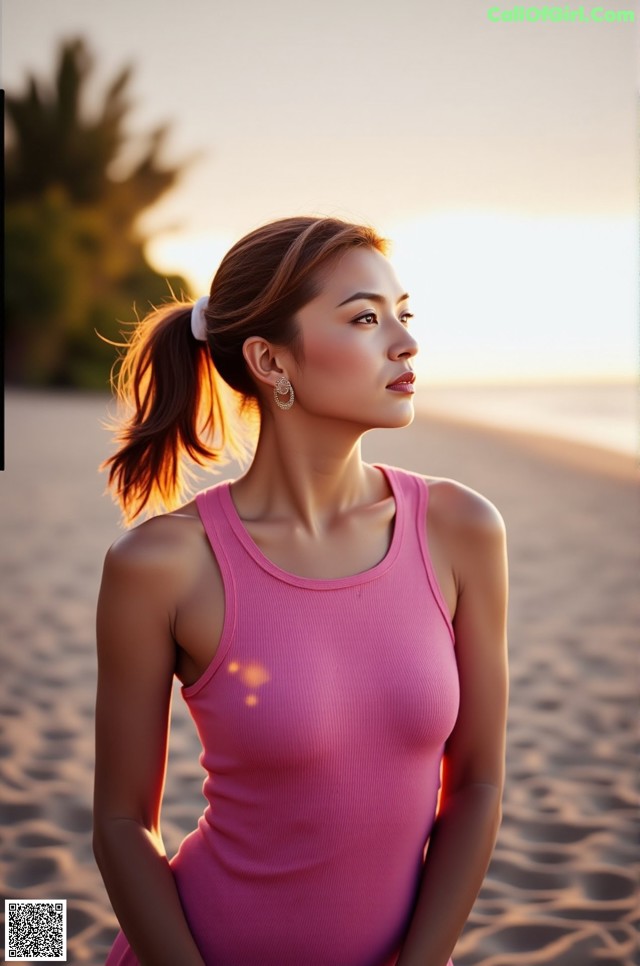 A woman in a pink tank top standing on a beach.