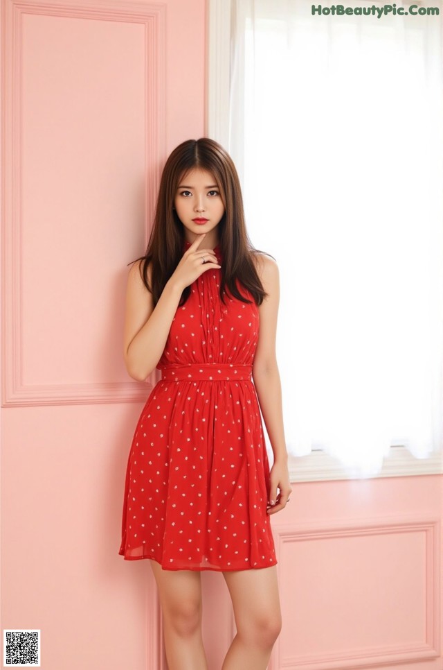 A woman in a red dress standing in front of a pink wall.