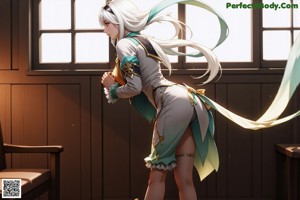 A woman in a blue and white dress with a red cape.