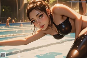 A woman in a black bathing suit standing in a pool.
