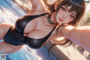 A woman in a black bathing suit sitting in a pool.