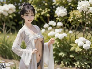 A woman in a white kimono standing in a garden.