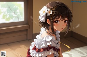 A girl sitting on the floor in front of a window.