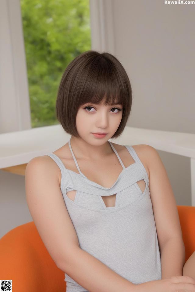 A woman in a gray tank top sitting on an orange chair.