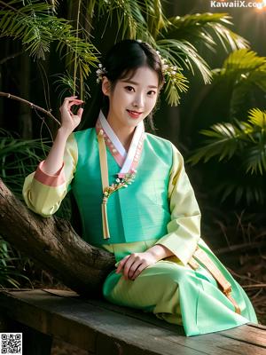 A woman in a red and white hanbok poses for a picture.