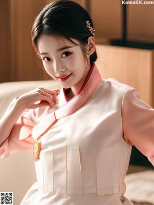 A woman in a pink and white hanbok posing for a picture.