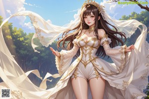 A woman in a wedding dress standing in a forest.