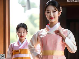 A woman in a hanbok standing in a field of sunflowers.