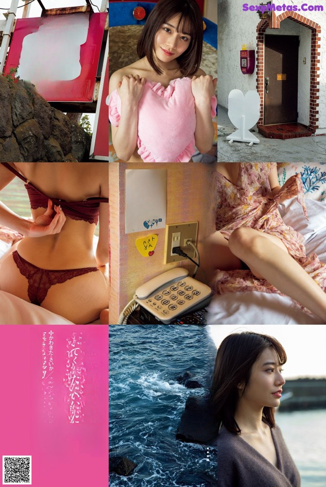 A collage of photos of a woman in lingerie and a phone.