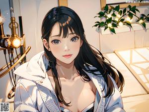 A woman in a white lingerie sitting on a bed.