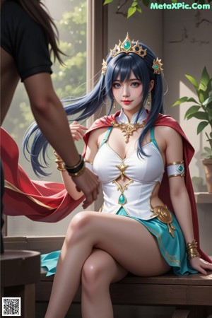A woman with long blue hair wearing a white and blue outfit.